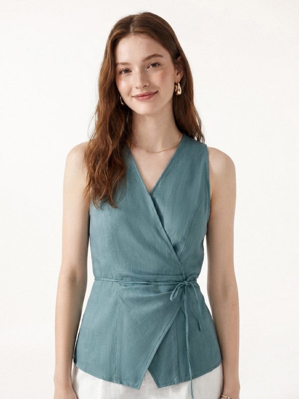OGL Linen Wrap Top with Self-Tie In Stone Turquoise Blue